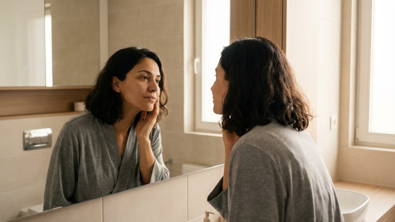 Person noticing skin concern, thoughtful